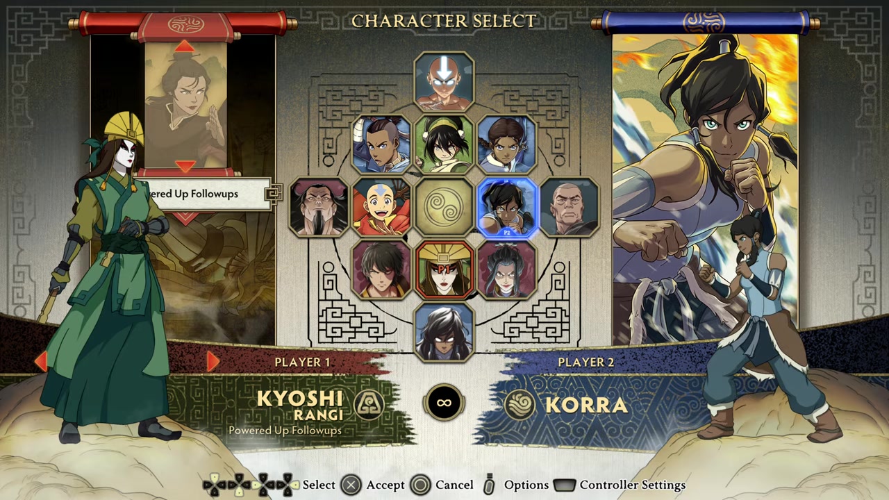 Character select screen shows three support slots beside a fighter
