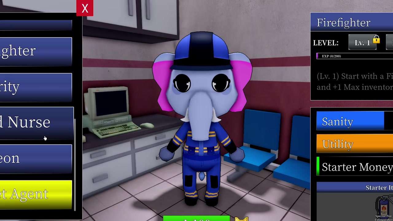 Firefighter class appears with a fire extinguisher starter item.