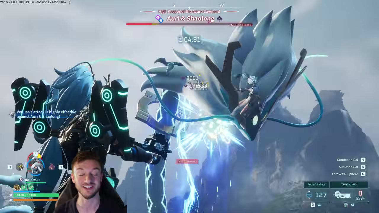 Pal attacks a boss with poison and electric skills
