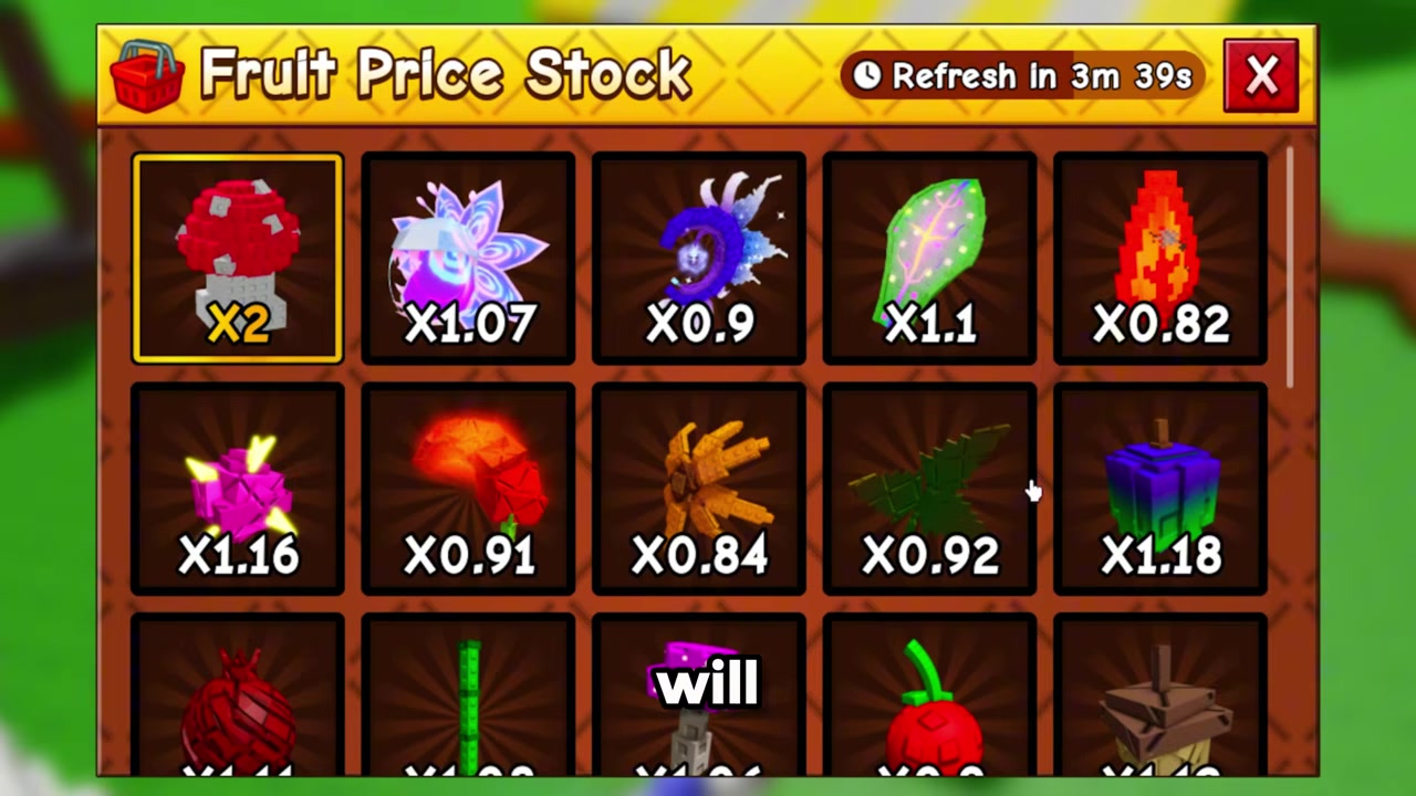 View Sell Prices shows each fruit's current multiplier