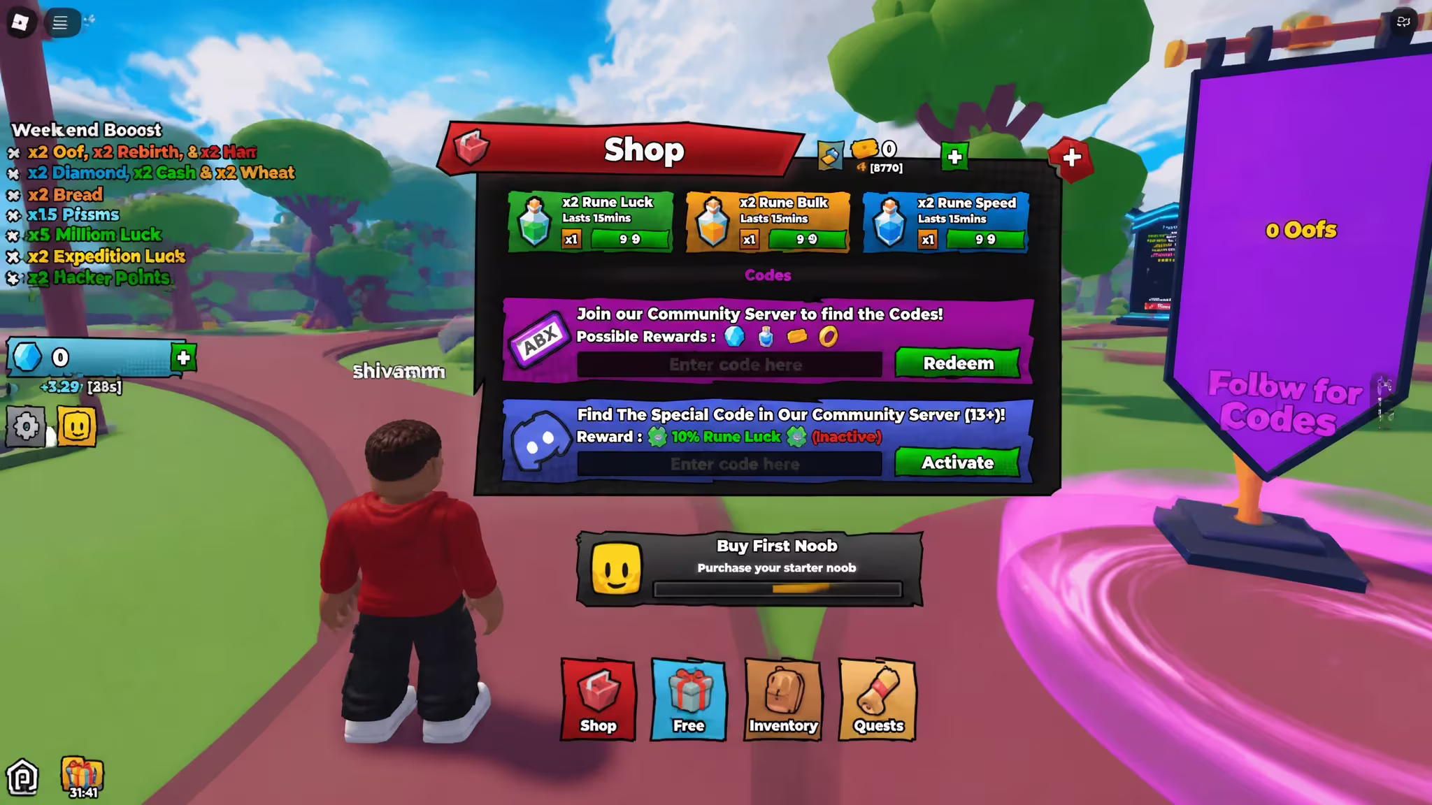 Illustration of the Noob Incremental shop code entry boxes