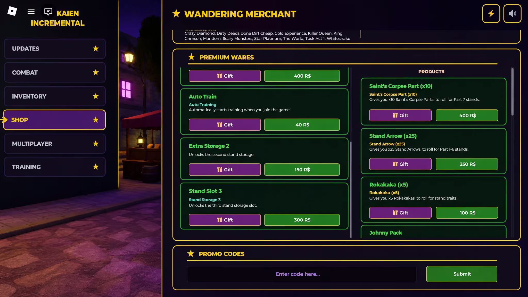 How to redeem codes in Jojo's Bizarre Incremental