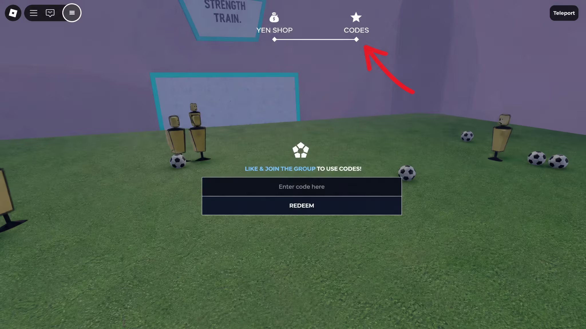 Neos Reborn codes system. Arrow pointing to the Codes button