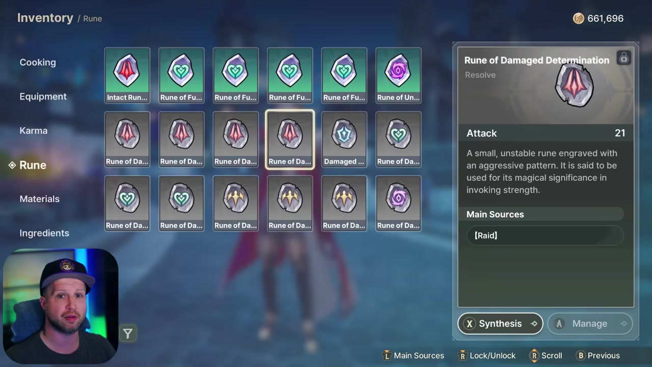 Keep the useful roll Stop when the piece improves the hero's real element, break type, status role, damage need, or survival need. Reforging opens on max-level gear | Scyushi/YouTube Disassembly, transmutation, and crafting materials Crafting runs through Modan, the blacksmith. Starting around 3-star gear, recipes ask for materials from disassembled rare gear, exchange shops, mining, and Trait Stones. Higher-tier recipes demand higher-tier Trait Stones, stronger disassembly materials, and more transmuted resources. Trait Stones come from the trait dungeon and match the type of gear you are trying to forge. This is where crafted niche sets matter: if you are making a stun set, put it on a stun-role hero such as Luta, not on a character that cannot use that condition. Unwanted gear should be disassembled from the equipment inventory using the small disassembly icon, or Start on controller. Shanoa handles transmutation, letting you turn a pile of lower-tier materials into the higher-tier resources needed for crafting, including Trait Stones and mining materials. The exchange shop, raids, dungeons, mining routes, and progression shop all feed this economy. Runes from raids Runes are an extra stat layer for purple gear and above. They come from raids such as Steelheart Fortress Defense and Chase Toward the End, and their stats are random, so treat them as bonus power after your set and main-stat plan is already stable. Rune synthesis is the duplicate-combining upgrade path for runes. The current synthesis details are light, so save serious rune planning for after you have enough raid drops to compare and combine. Basic Karma on weapons Karma actionUse Equip to weaponAdds Karma stats to the hero using that weapon. LevelRaises the card's base stat value. BreakthroughPushes the card through resource checkpoints for further growth. Ascend with duplicatesFeeds duplicate cards into the same card to improve its trait effect. Preview requirementsShows future costs before you commit deeper resources. Match trait to heroLinks the card to element, break type, knockdown, aerial, stun, survival, or Signal use. Basic Karma cards equip to a character's weapon. They add stats, can be leveled, can go through breakthrough, and can be ascended by feeding duplicate copies into the same card. You can also press the right joystick on the Karma screen to preview later requirements before spending into a card. Any hero can equip any Karma, but the trait only matters when the hero can use it. A frost hero wants a frost-compatible effect, a breaker wants break damage, and a knockdown, aerial, stun, survival, or Signal-focused hero wants a card that supports that exact role. A card with good-looking numbers is still wasted if its trait never triggers for the character holding it. Exclusive Karma as character gear Basic KarmaExclusive Karma Can be equipped by any hero when the trait fits.Belongs to a specific character. Boosts general stats, element, break, status, survival, or Signal use.Adds stats and connects to that character's own mechanic. Works as an early bridge while your team settles.Becomes the long-term best-in-slot target for its owner. Grows through leveling, breakthrough, and duplicate ascension.Needs Exclusive Karma resources for long-term growth. Comes through regular Karma card and currency paths.Comes through Hero Logs, Tower of Trials exchange paths, dismantling value, and transmutation. Exclusive Karma is the character-specific version of the system. It gives stats like Basic Karma does, but it is tied to that hero's own mechanic, which is why it becomes that character's long-term best-in-slot target when available. For example, The Spear That Fells the Sun is an Exclusive Karma tied to Othello. This kind of card is not a flexible placeholder for the whole roster; it is a character build goal, and its growth is expensive enough that you should not rush it before the hero's gear direction is settled. Tower of Trials and Karma materials STEP 01 · OF 07Collect campaign Karma