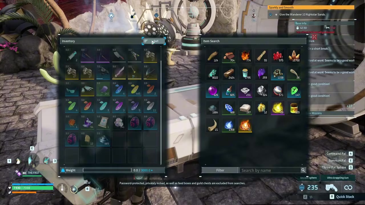Spend the per-sphere materials Each Sol Sphere costs Paldium Fragment x30, Soralite Ingot x2, and Hardwood x10. ⚠️ watch outThe Sol Sphere work requirement is the one stat to watch for patch drift: listings split between 600,000 and 6,000 work. The material recipe is consistent, so plan your farming around the three ingredients rather than that disputed work value. Crafting Ancient Spheres at Technology Level 74 Technology Level 74 5 Technology Points for Ancient Sphere Paloxite Ingot unlock and production World Tree access for Paloxite Ore and World Tree Holy Water STEP 01 · OF 06Unlock Ancient Sphere