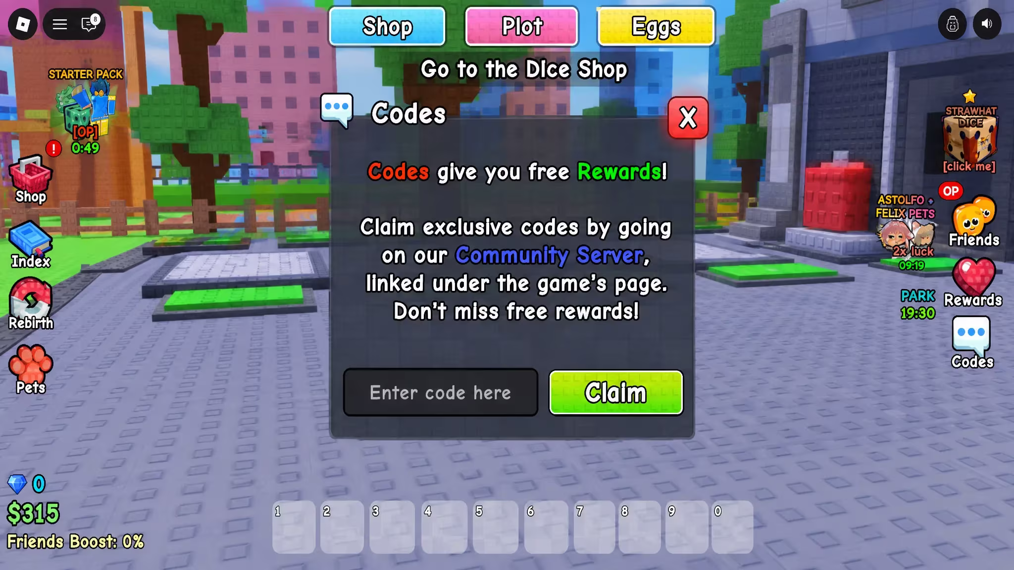 Roblox Spin a Femboy code system. Arrow pointing to the Codes button