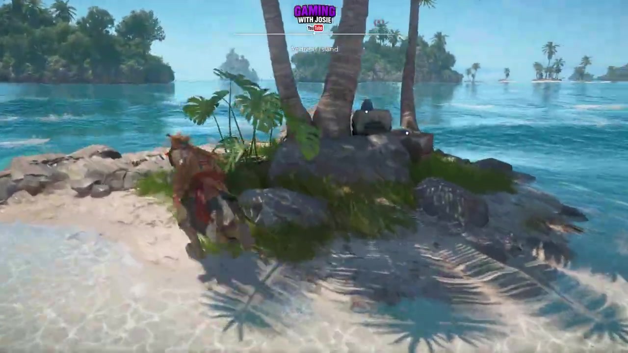 Dig in the sand near the palms and rocks