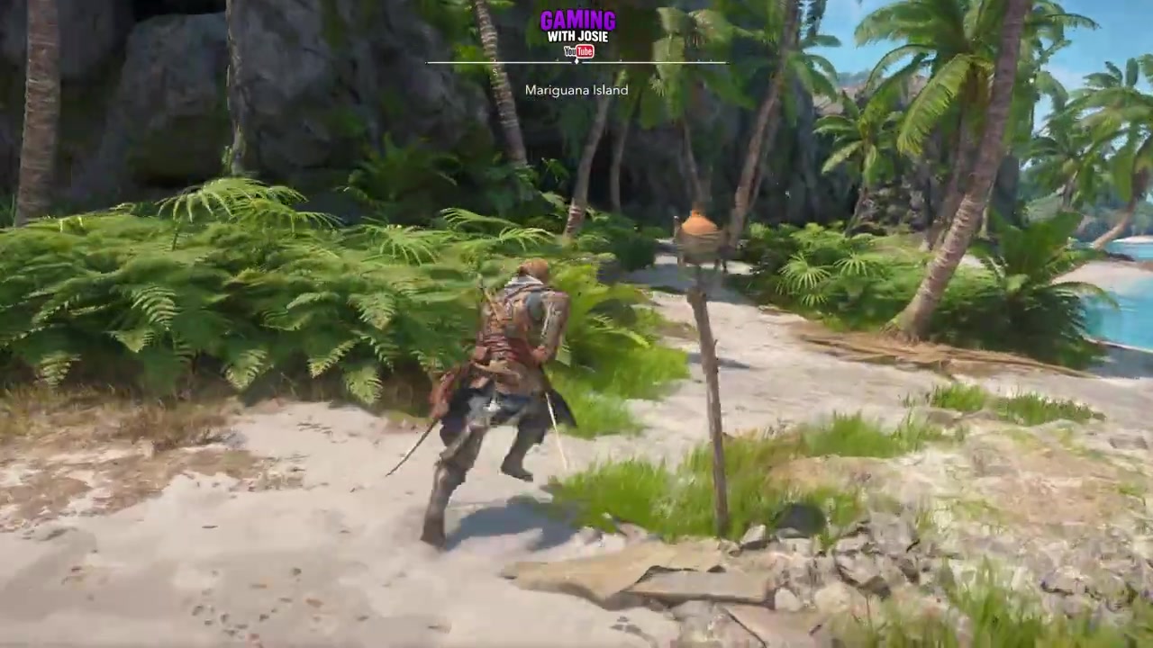 Enter the cave behind the palm trees