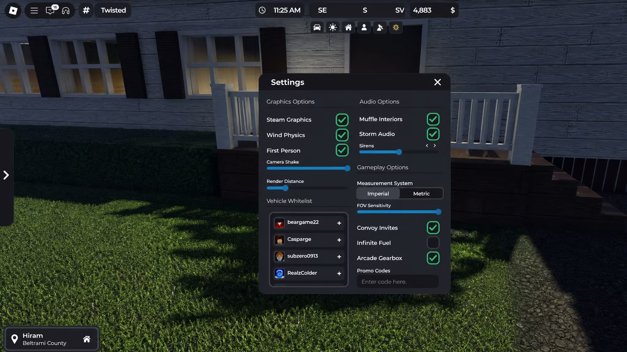 Twisted codes: a codes redemption screen in front of a house and some grass