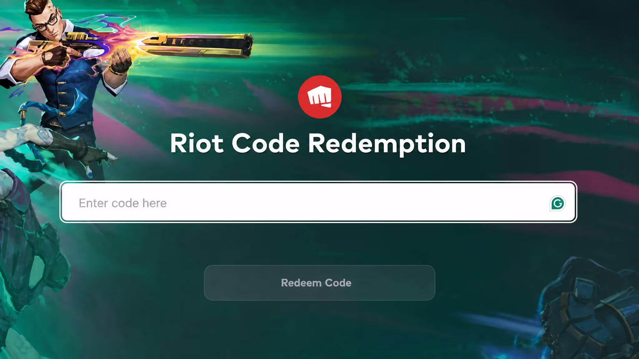 The Valorant codes redeem screen on the Riot website with Chamber holding his ultimate gun