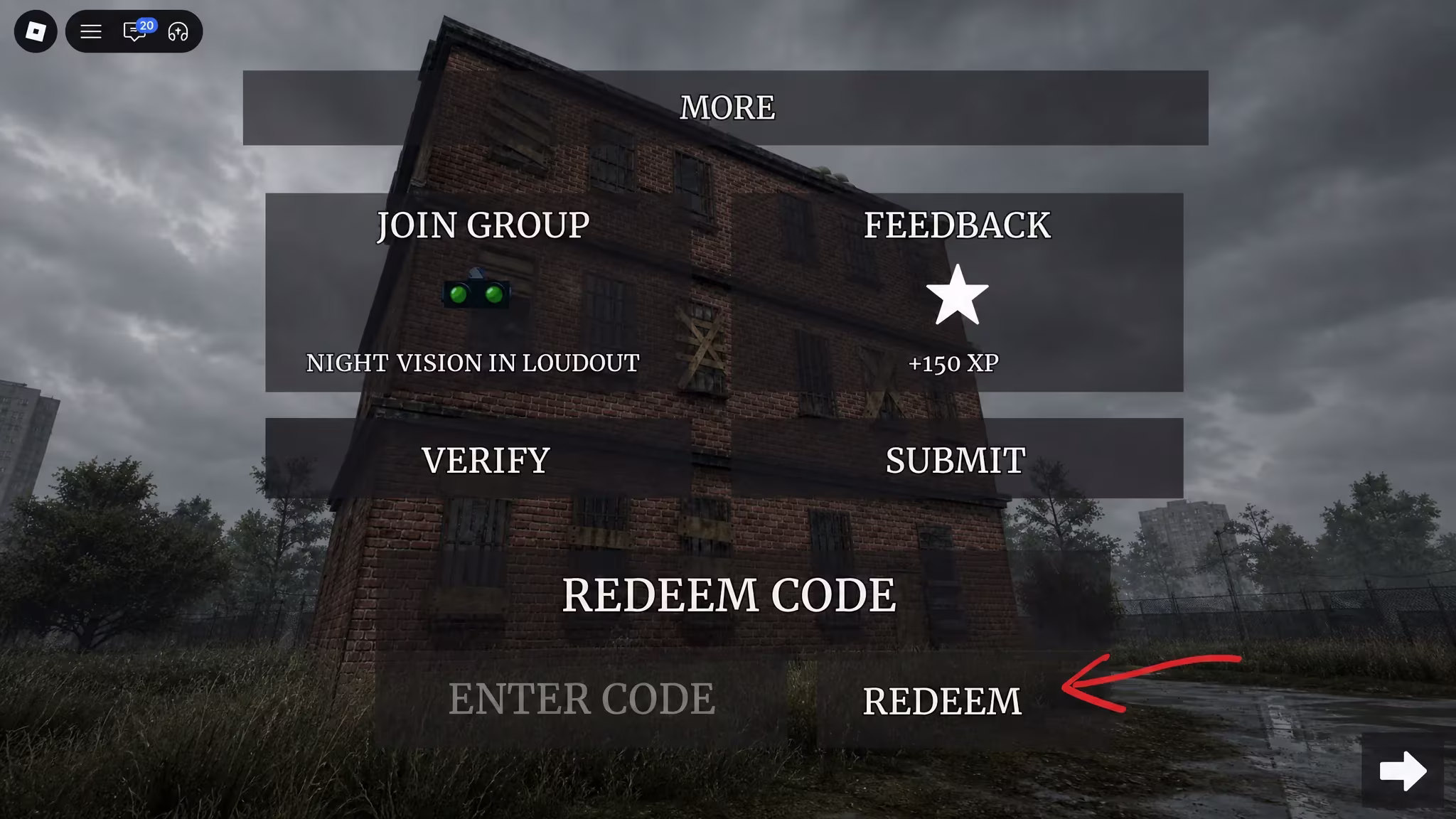 A screenshot of A Quiet Place in Roblox showing the game's codes field