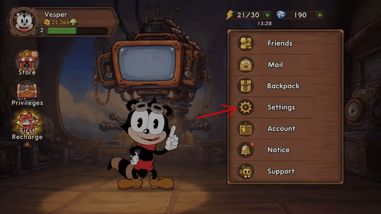 An arrow pointing at the settings button in Acecraft