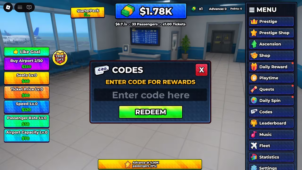 Codes menu open with the Enter code field ready before pressing REDEEM