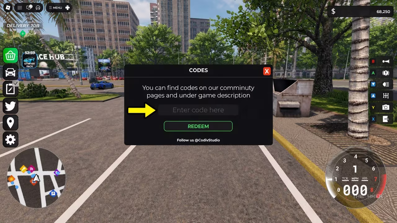 The Car Zone code entry field open and ready for a code to be typed in