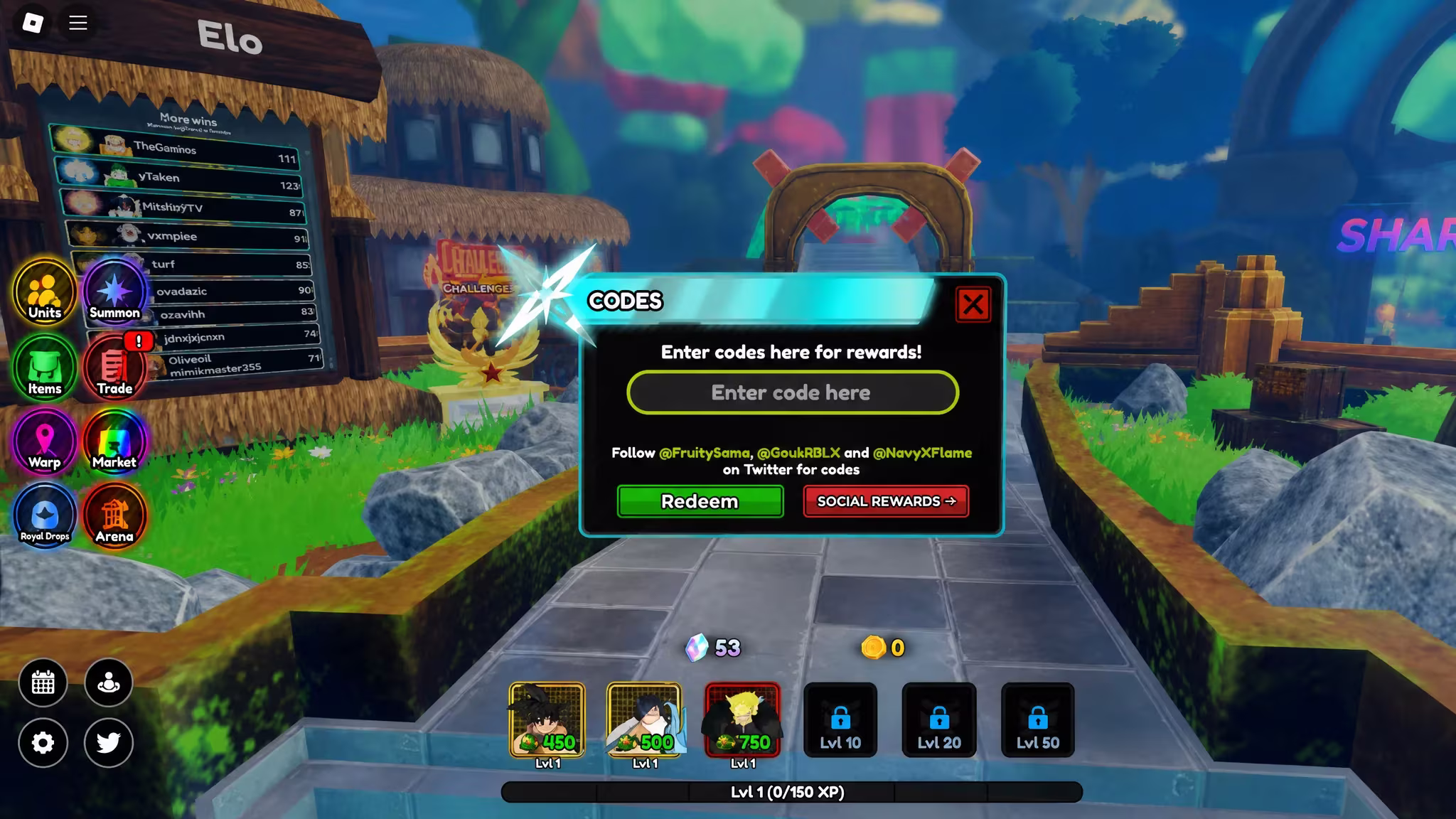 The code redemption screen in All Star Tower Defense X