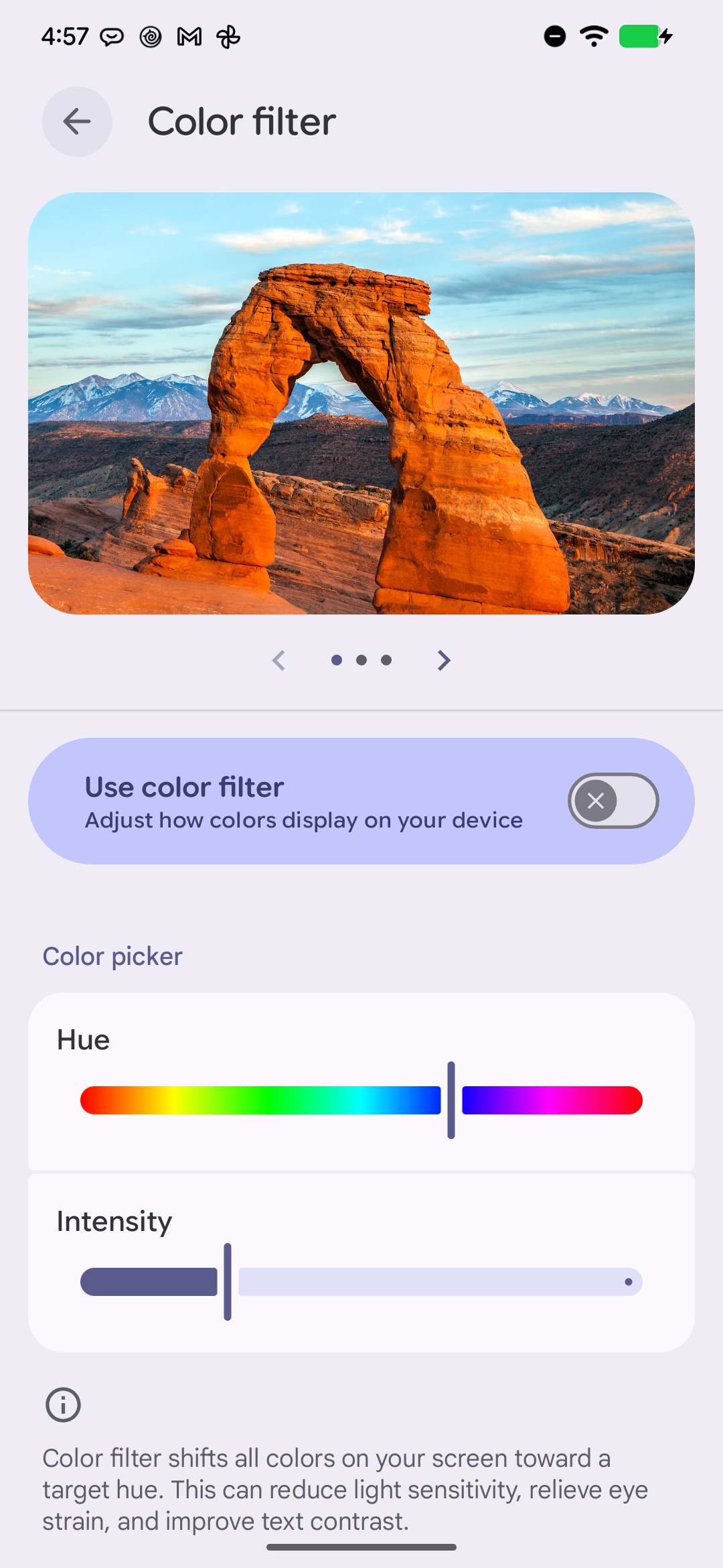 Android 17 QPR2 Beta 4 Color filter accessibility screen with Hue and Intensity sliders