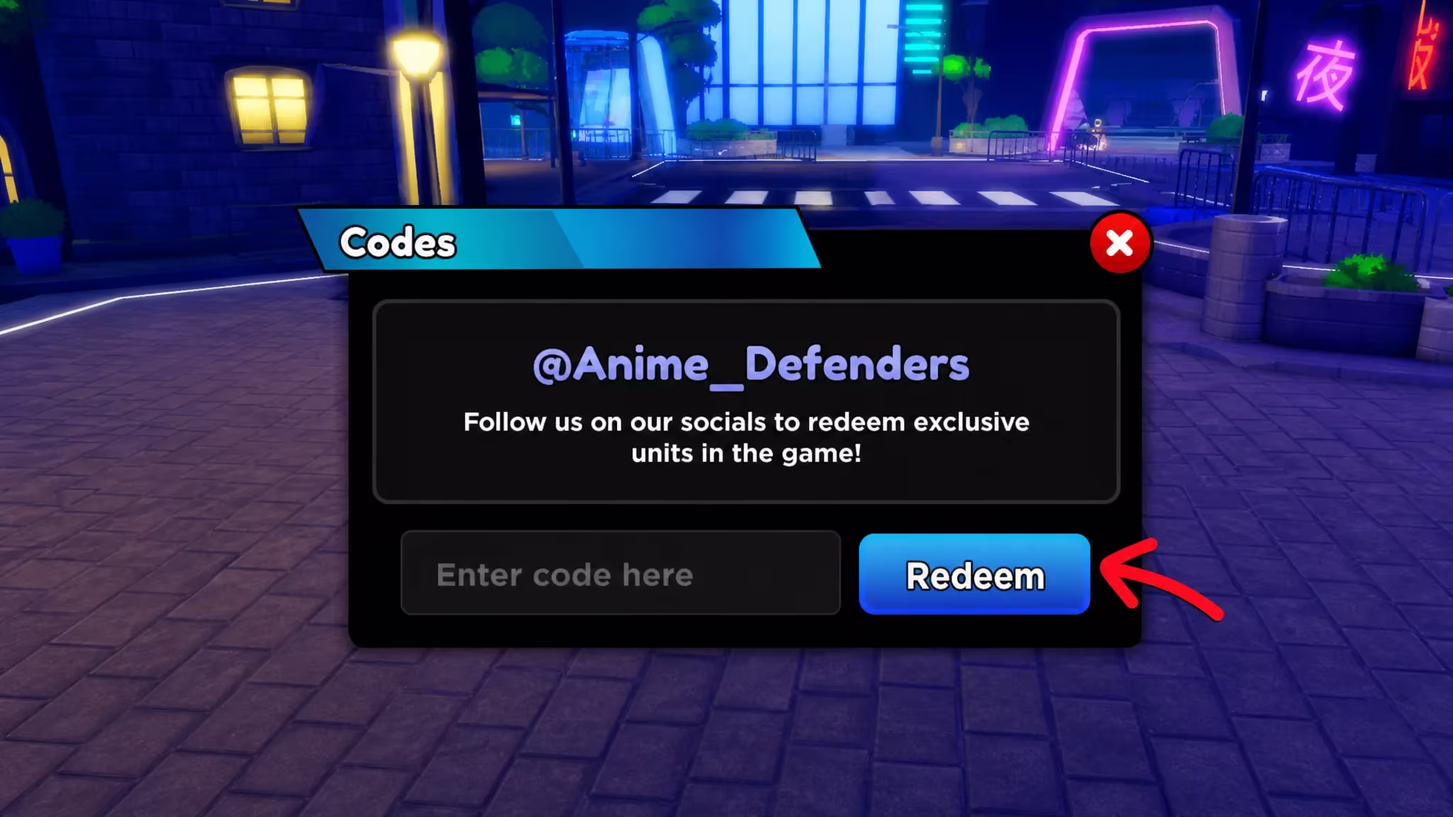 The Anime Defenders code redemption screen