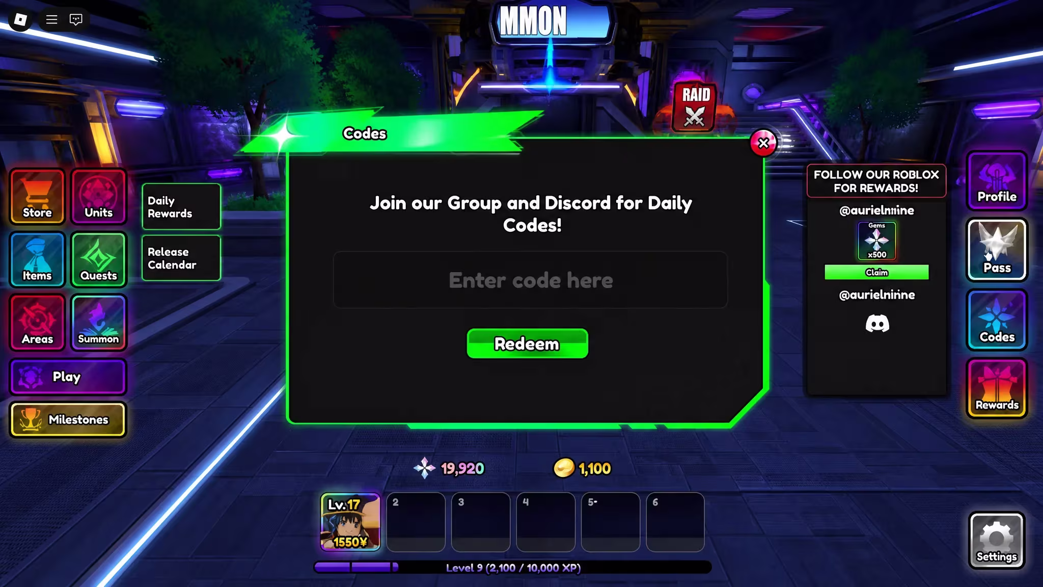 Codes redemption menu in Anime Paradox X with a text box and Redeem button