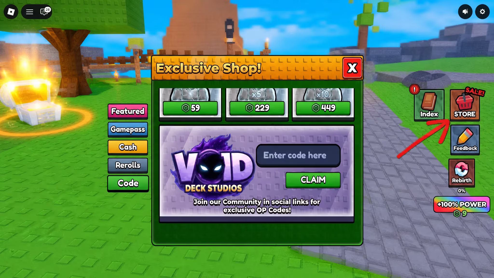 Roblox BE A FISH BAIT codes system. Arrow pointing to the Store button