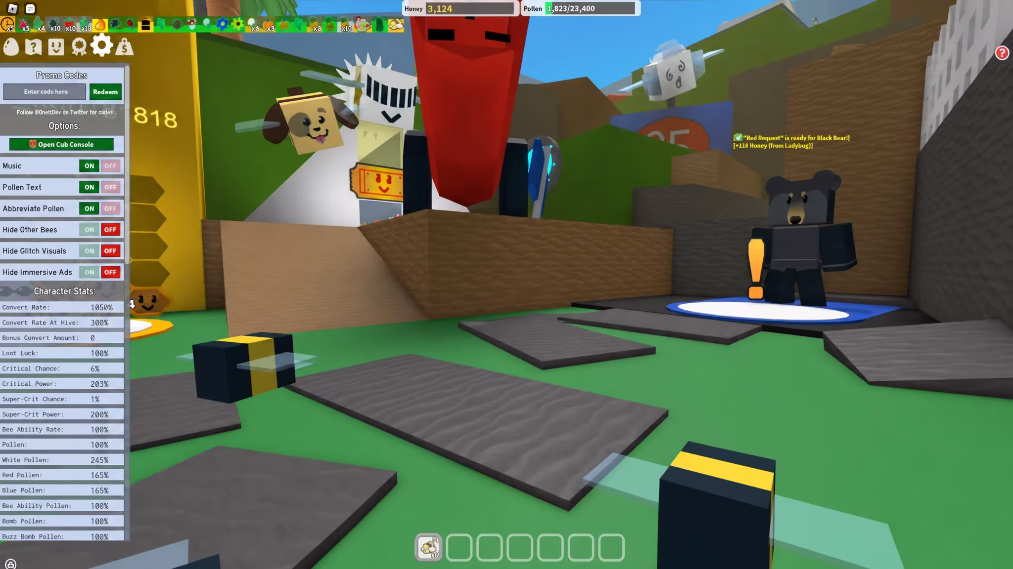 The Bee Swarm Simulator codes can be redeemed in this options menu to the left of the screen, accessed by clicking the cog