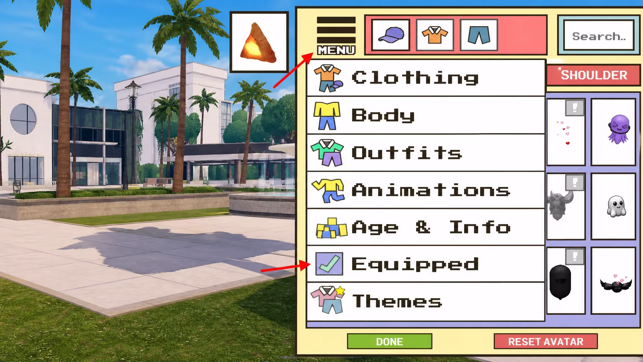 Equipped clothes in Menu option