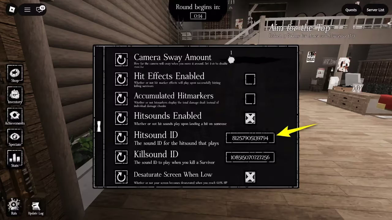 Forsaken settings menu with a numeric code entered into the Hitsound ID field