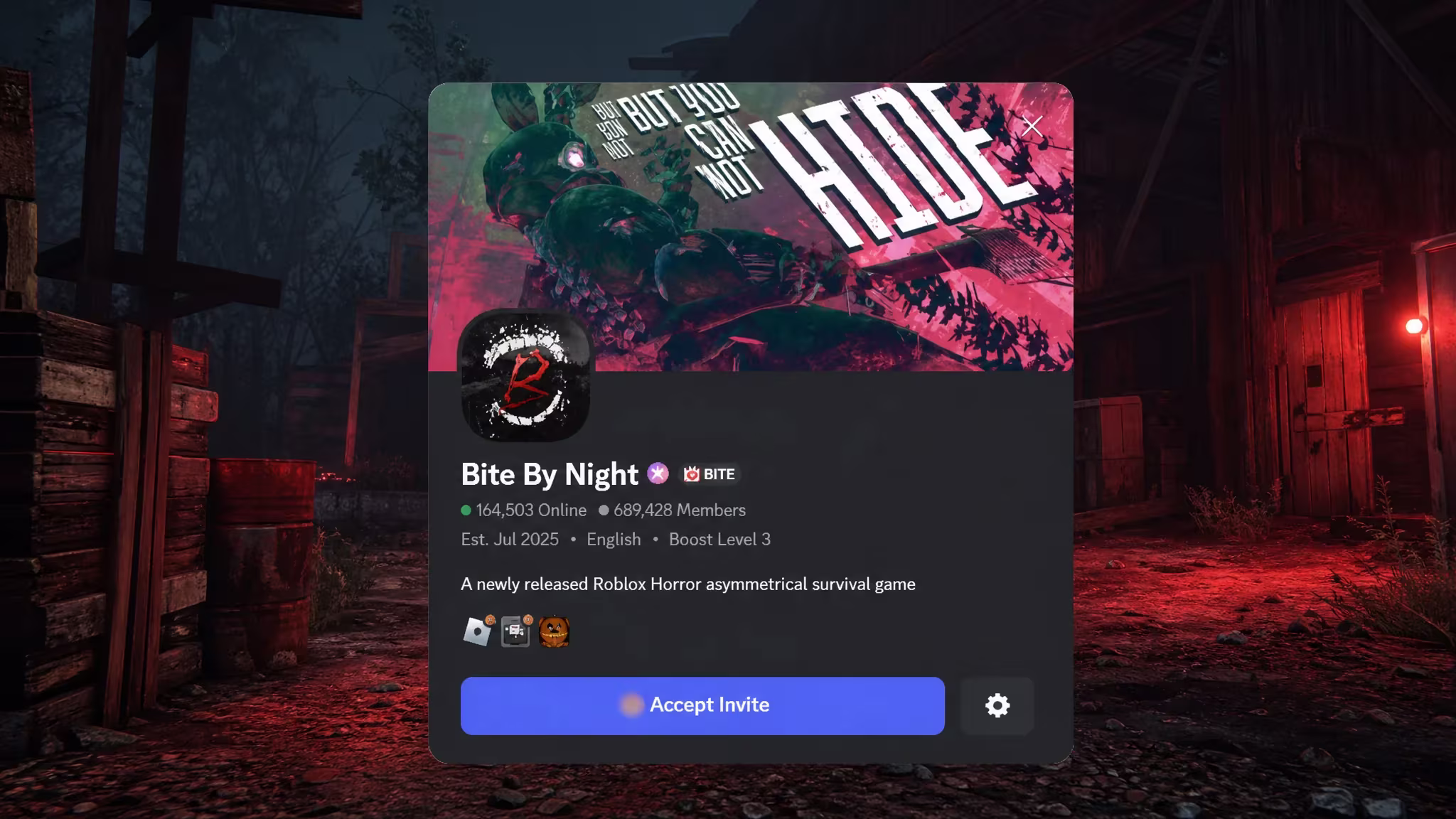 Bite by Night codes: A screenshot of the Discord server invite with a PT logo in the top right corner