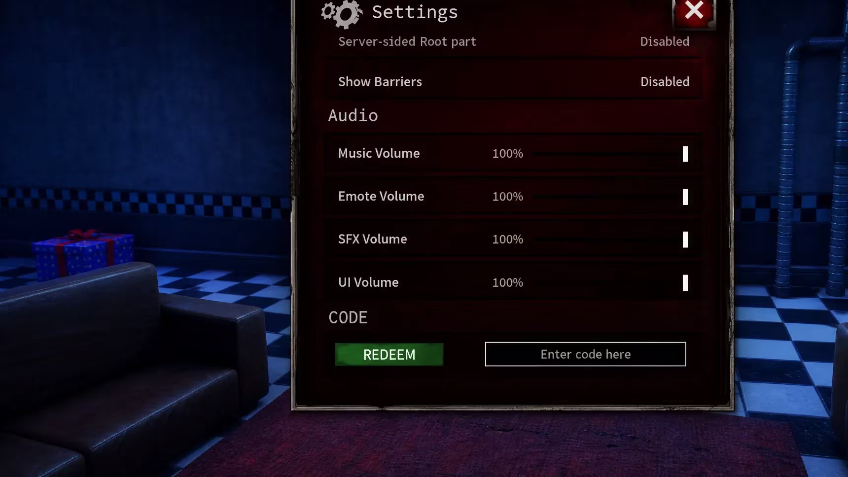 Bite by Night codes: A screenshot of the settings menu with a PT logo in the top right corner