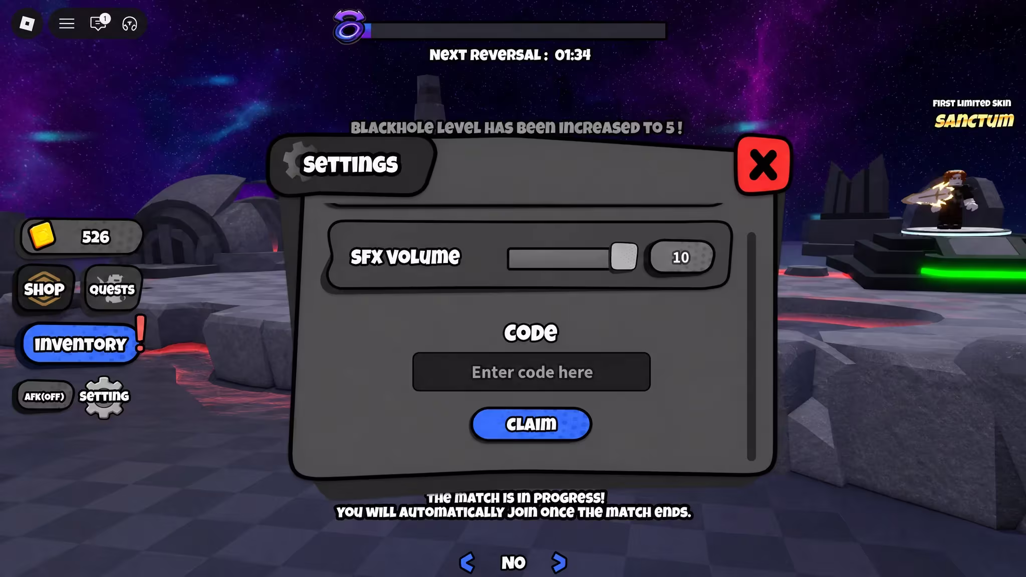 Blackhole Rush the codes tab