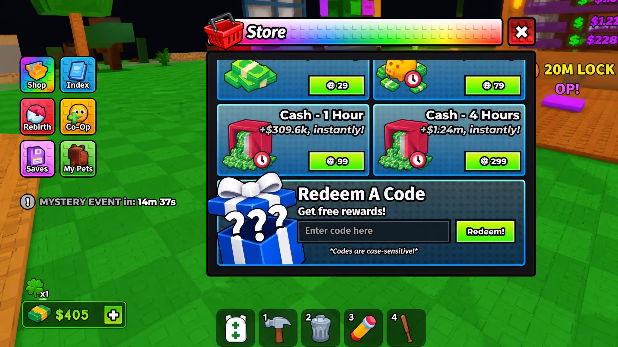 Redeem A Code section inside the Build a Base and Steal shop menu