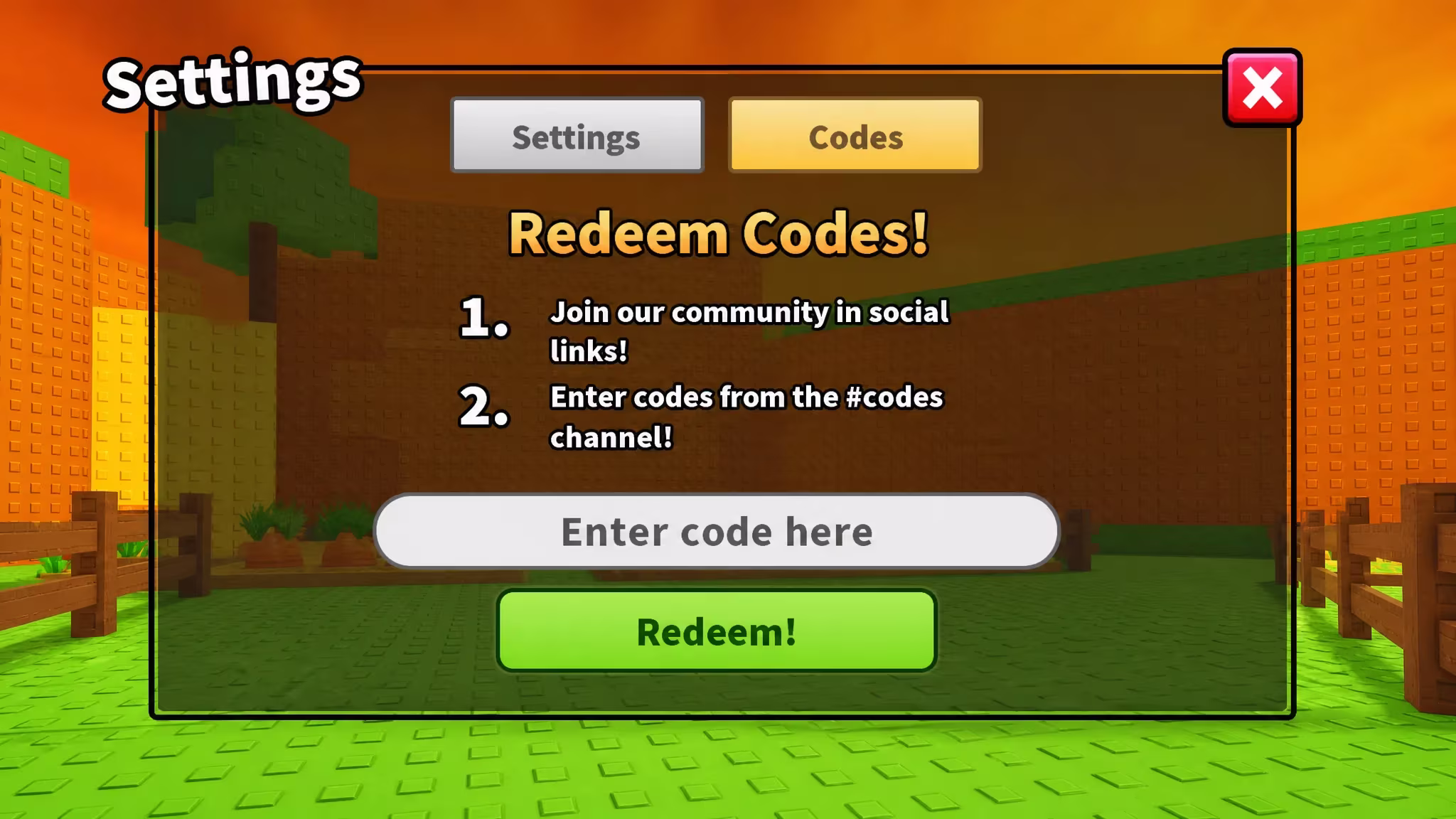 Build a Farm Factory codes: An image of the code redemption box