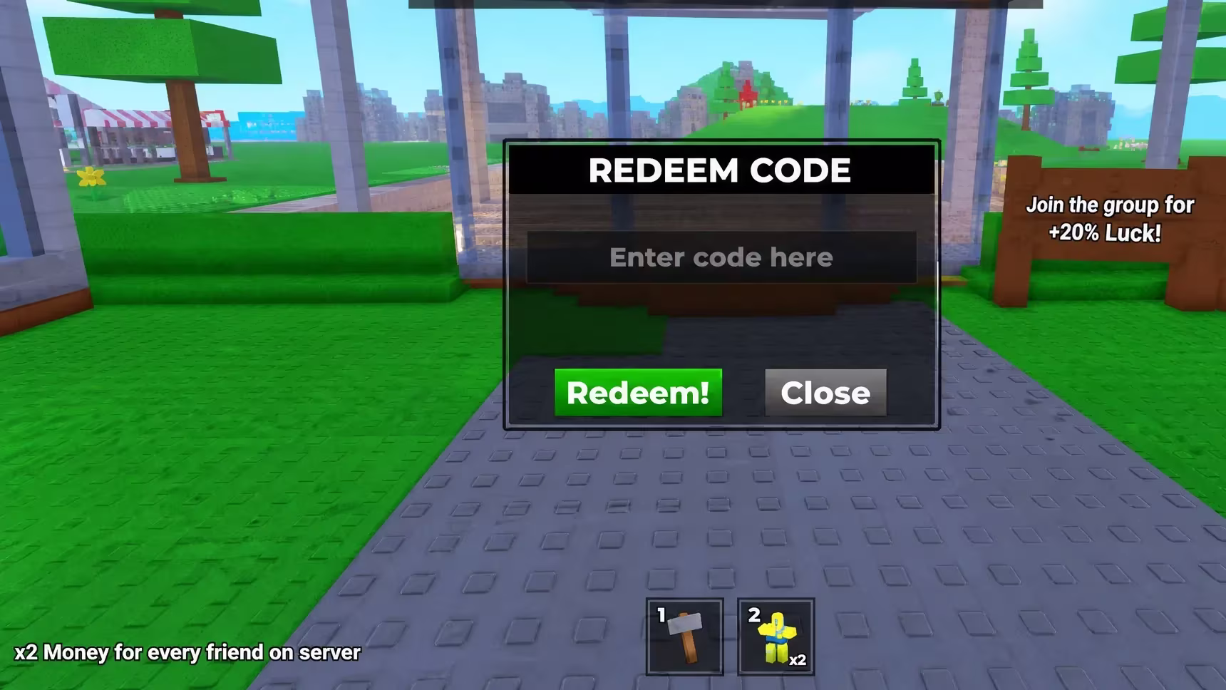 Build a Scam Empire codes redemption screen with a code entered in the text field
