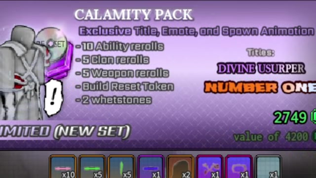 Calamity Pack shop screen with the Robux price and item list.