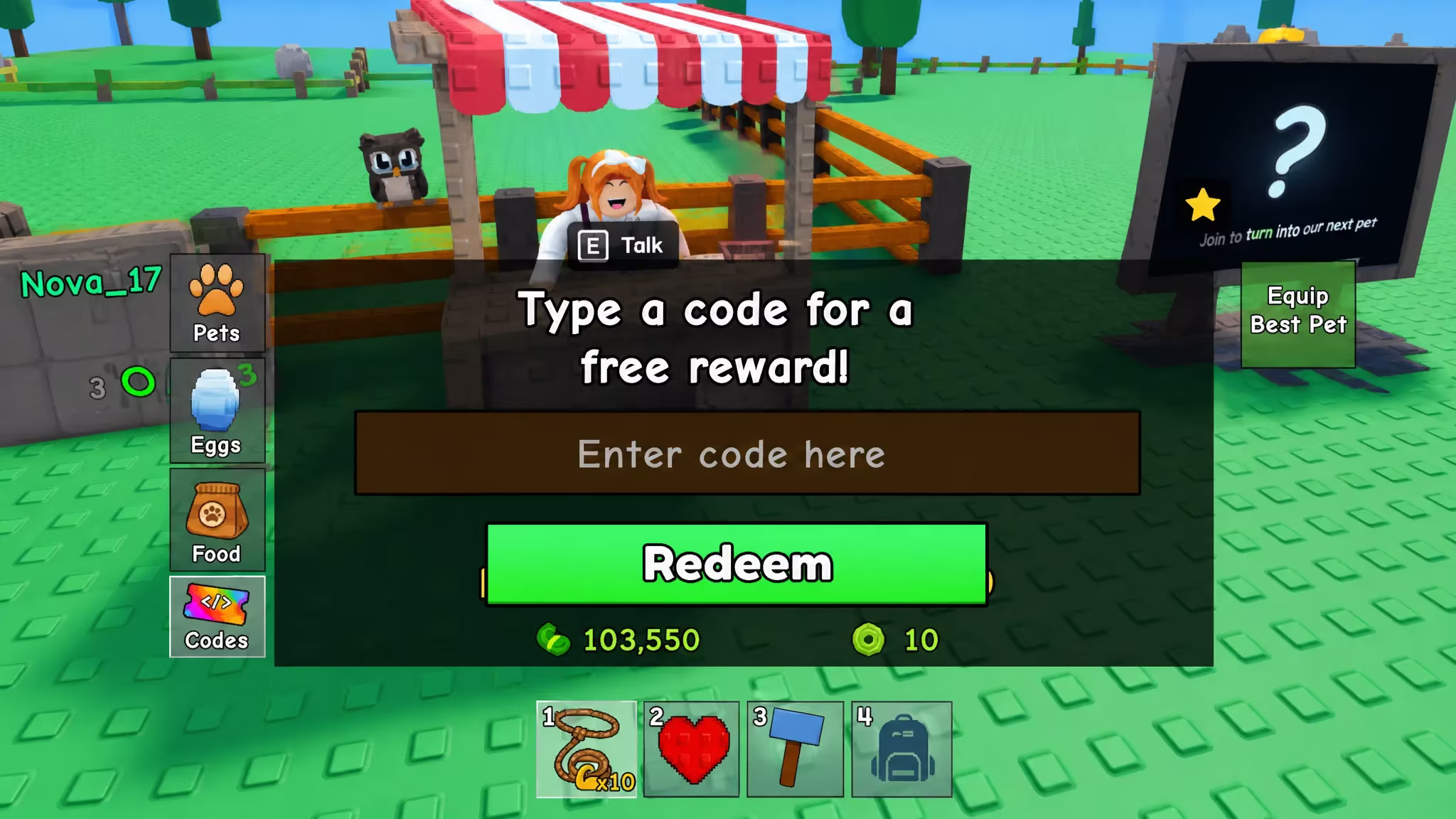 Codes tab in Catch and Tame with a code entered and the Redeem button ready to press