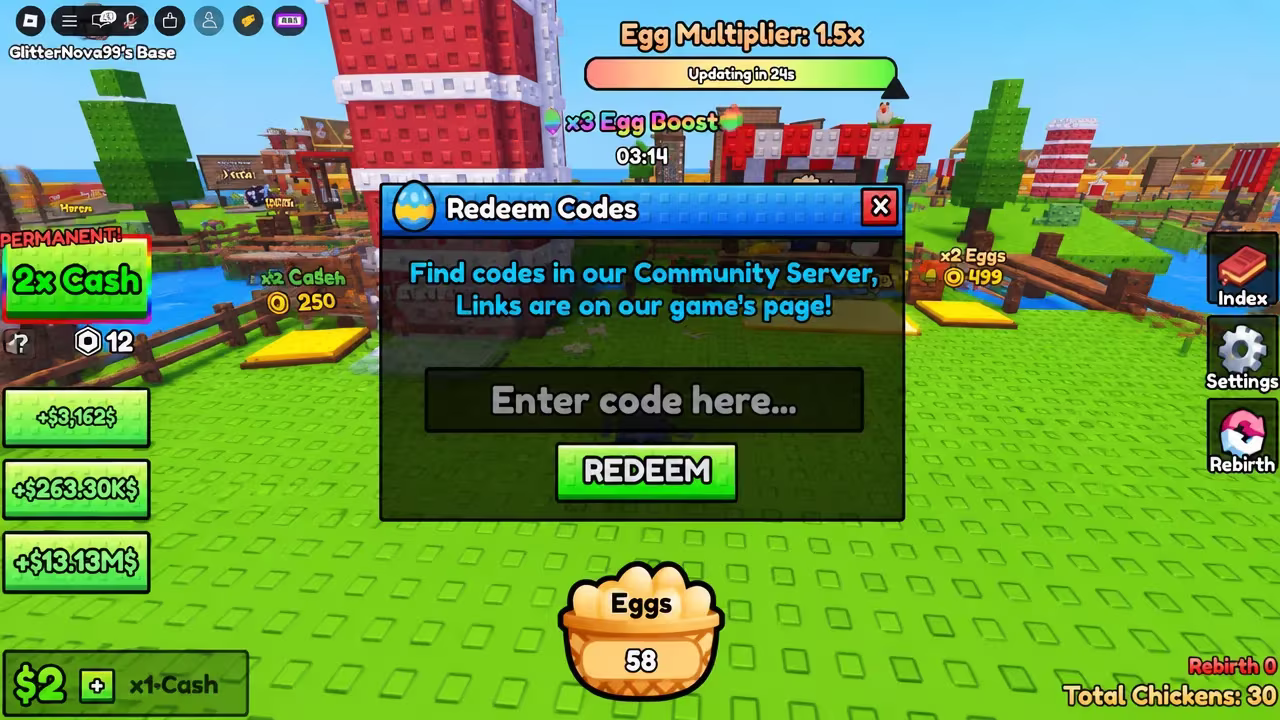 Codes entry box in Chicken Farm showing a code typed in before hitting Redeem