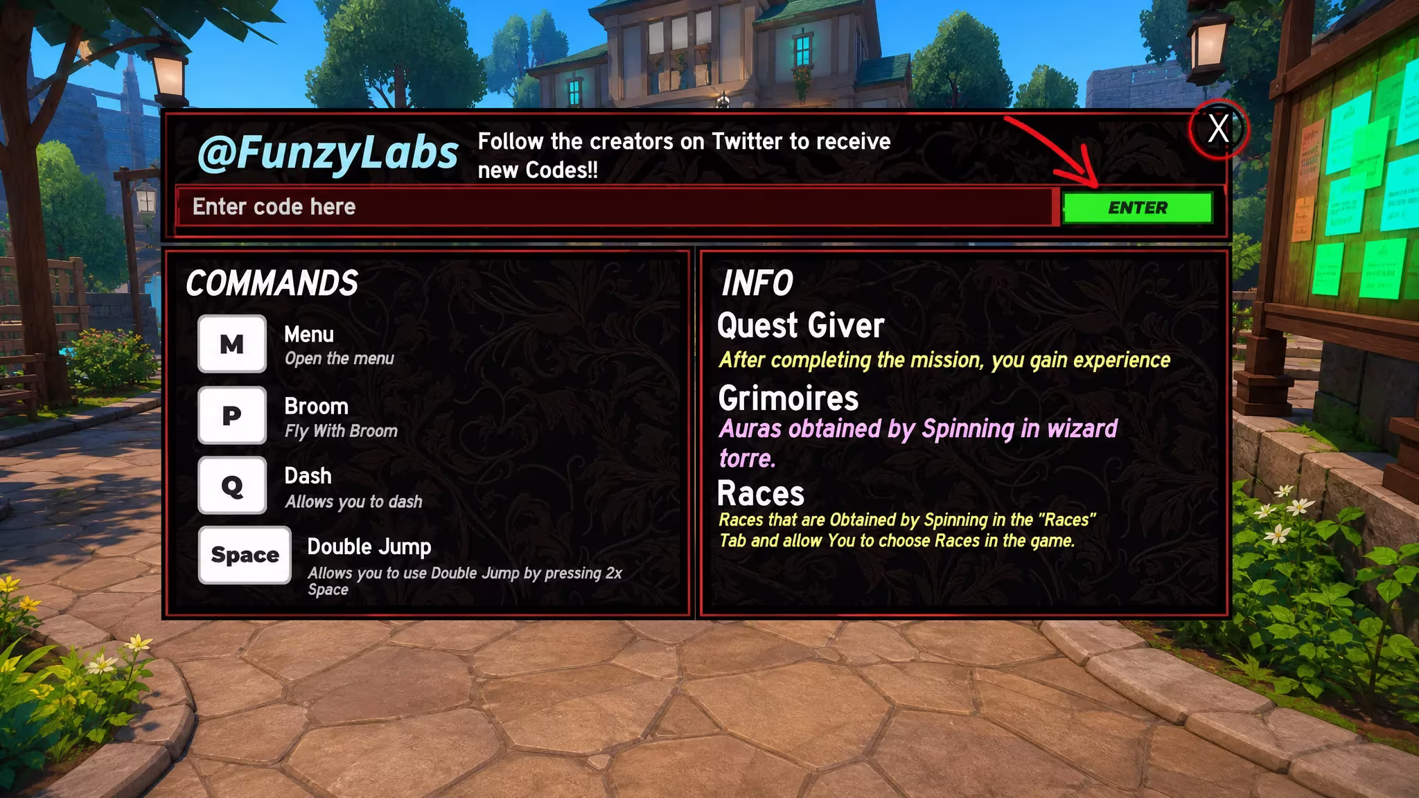 The Codes section in Clover Origins Roblox Experience
