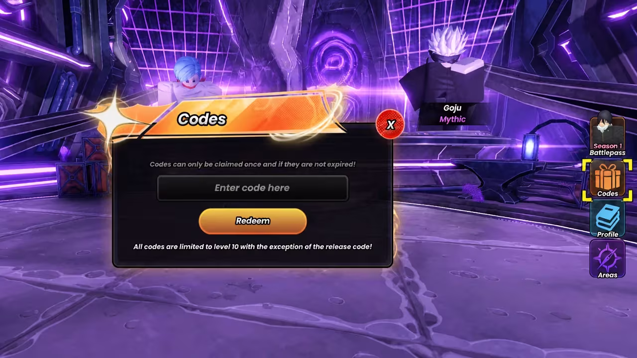 Codes menu in Anime Origins showing the code entry field and Redeem button
