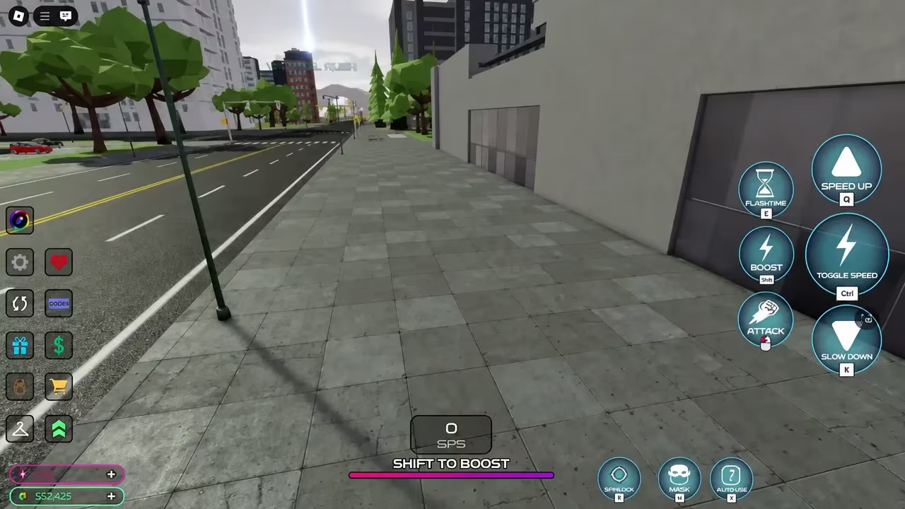 Player running along a city sidewalk with the Shift key prompt shown for the Boost move