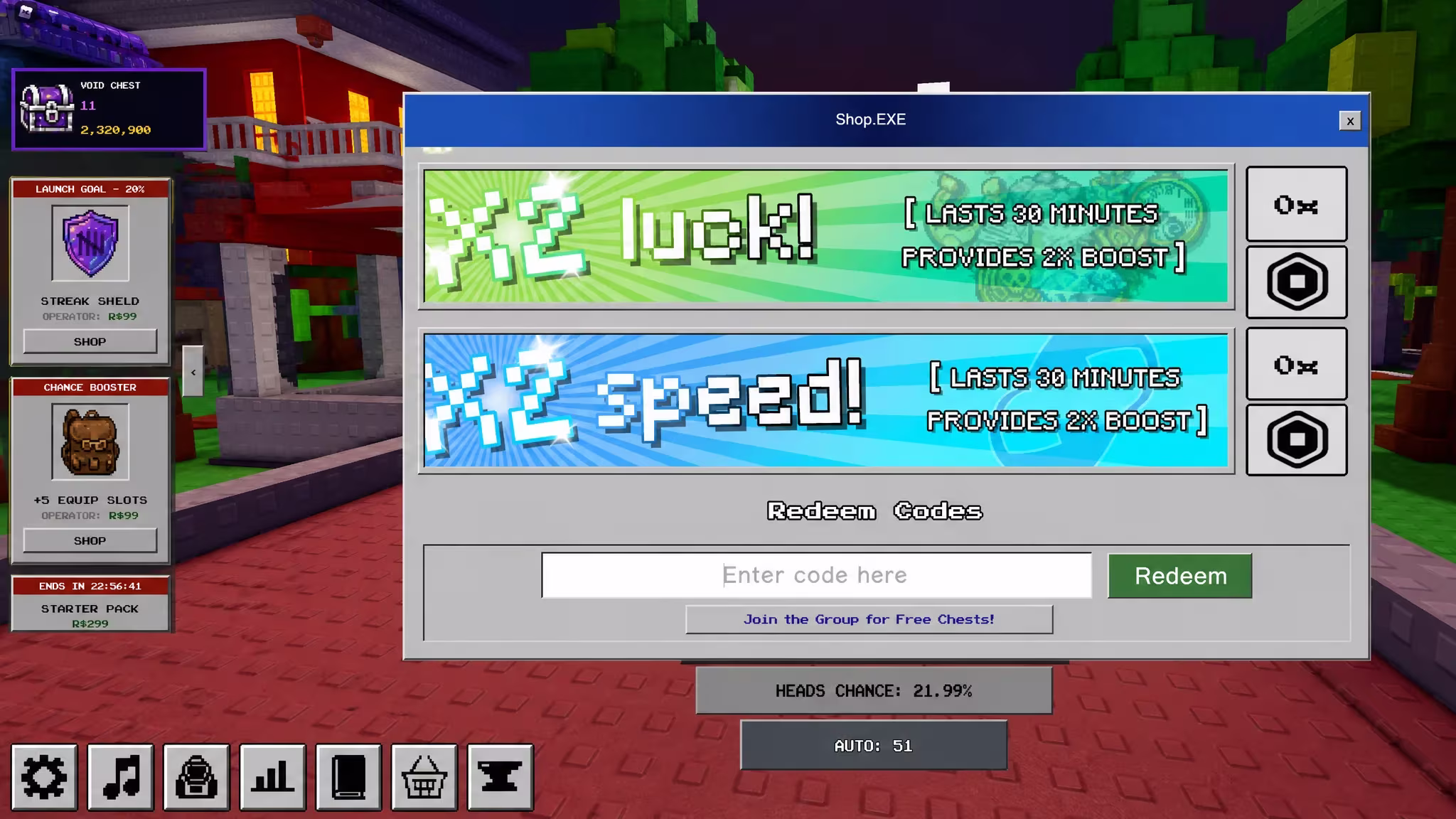Coin Flip Shop Menu showing the Code Redemption text field and steps for redeeming codes