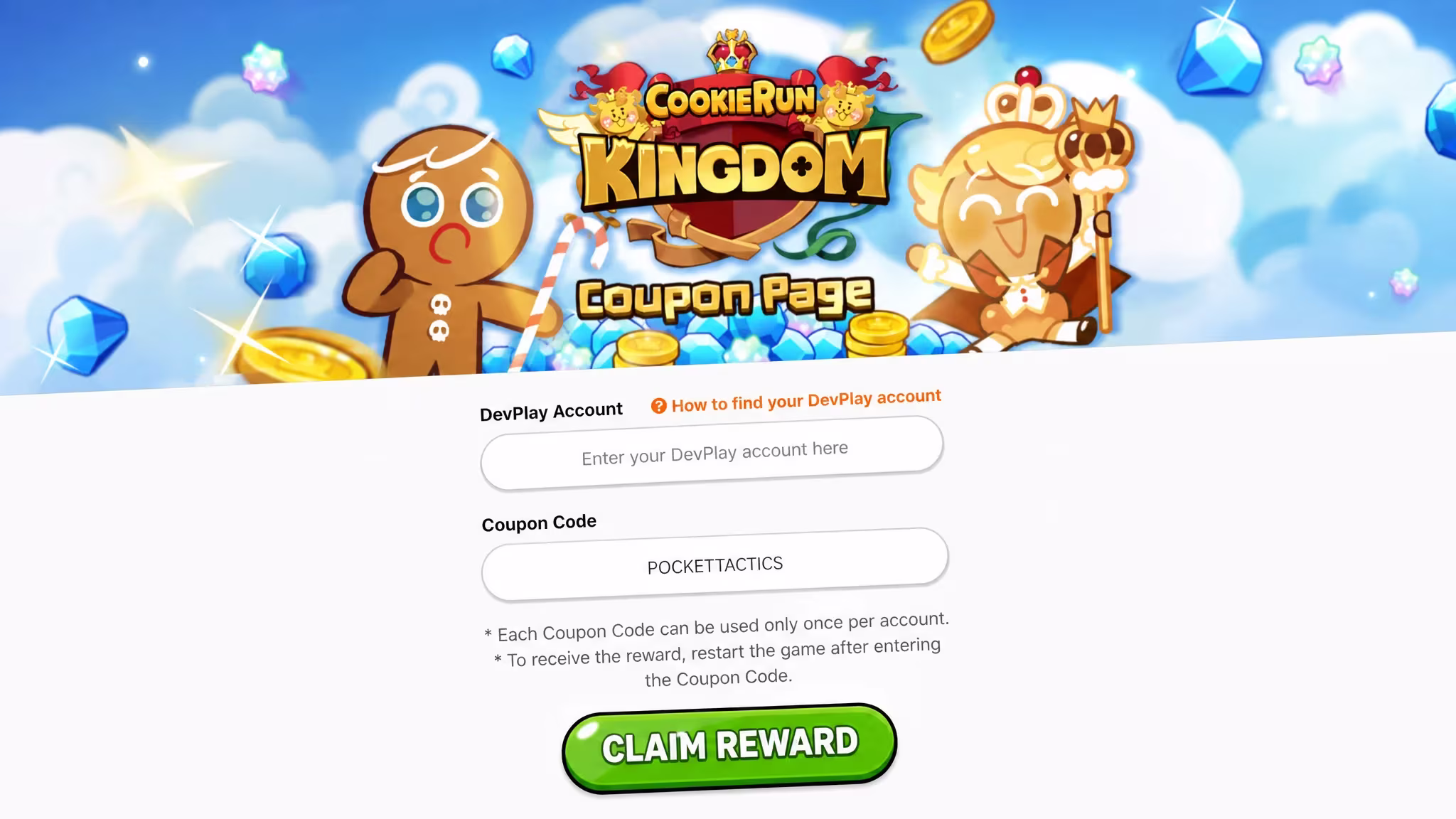 Cookie Run Kingdom code redemption screen with a coupon code entered