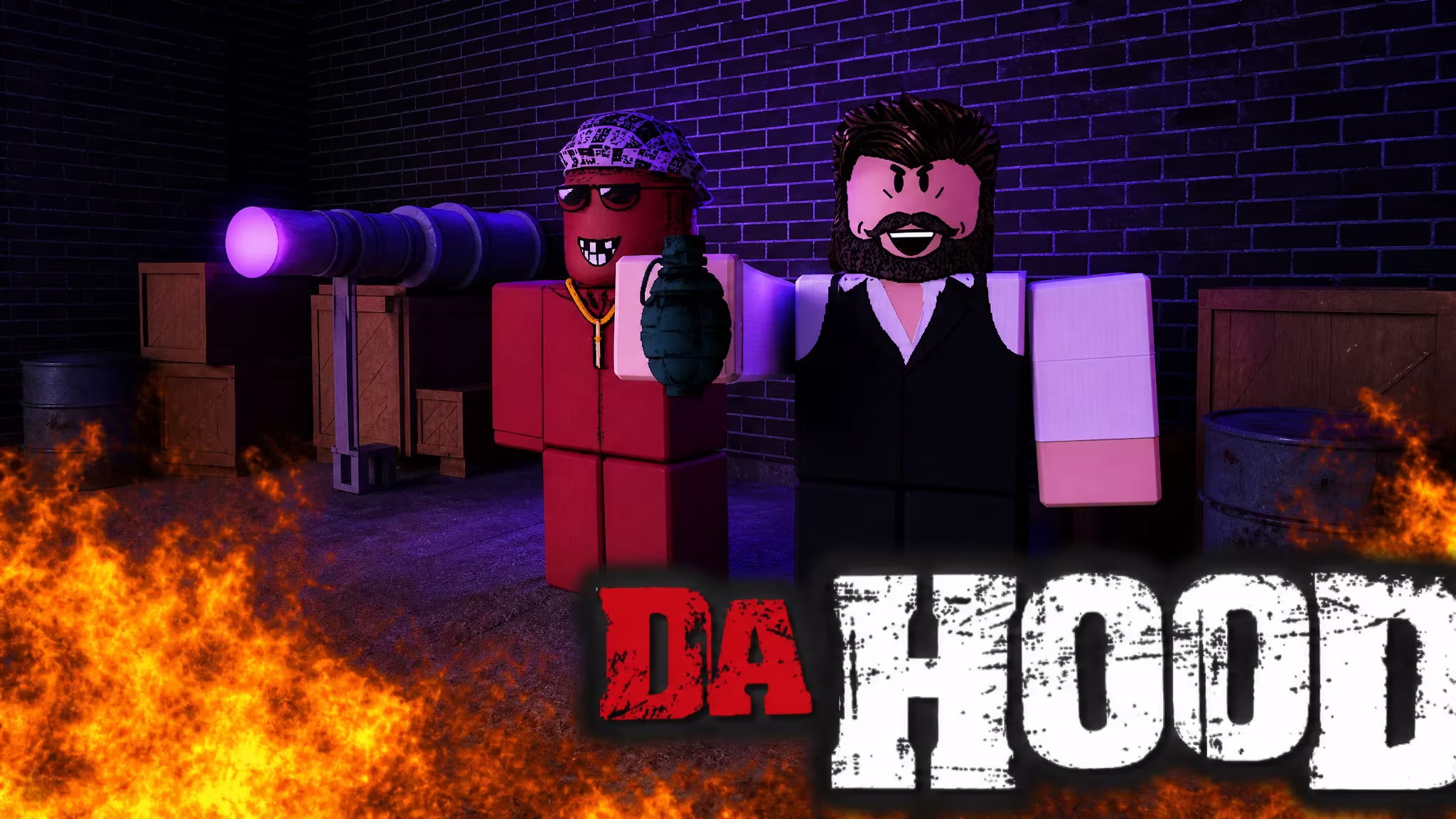 Two criminals shooting guns in Roblox Da Hood