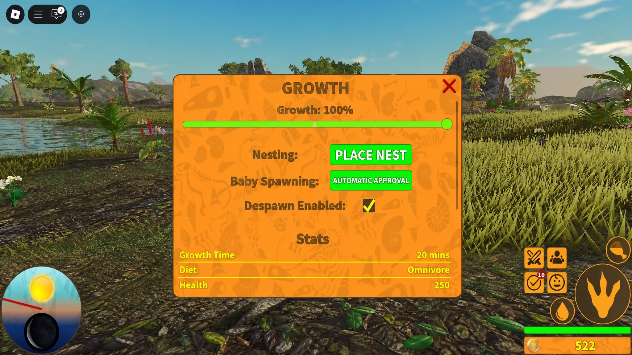 Growth tab menu showing the Place Nest option for a mature female dinosaur