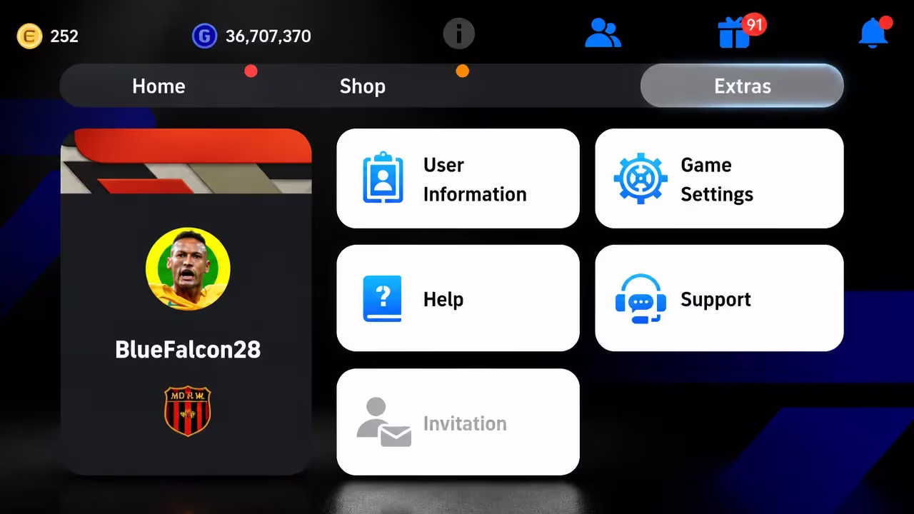 Extras menu open in eFootball showing User Information, Game Settings, Help, and Support options