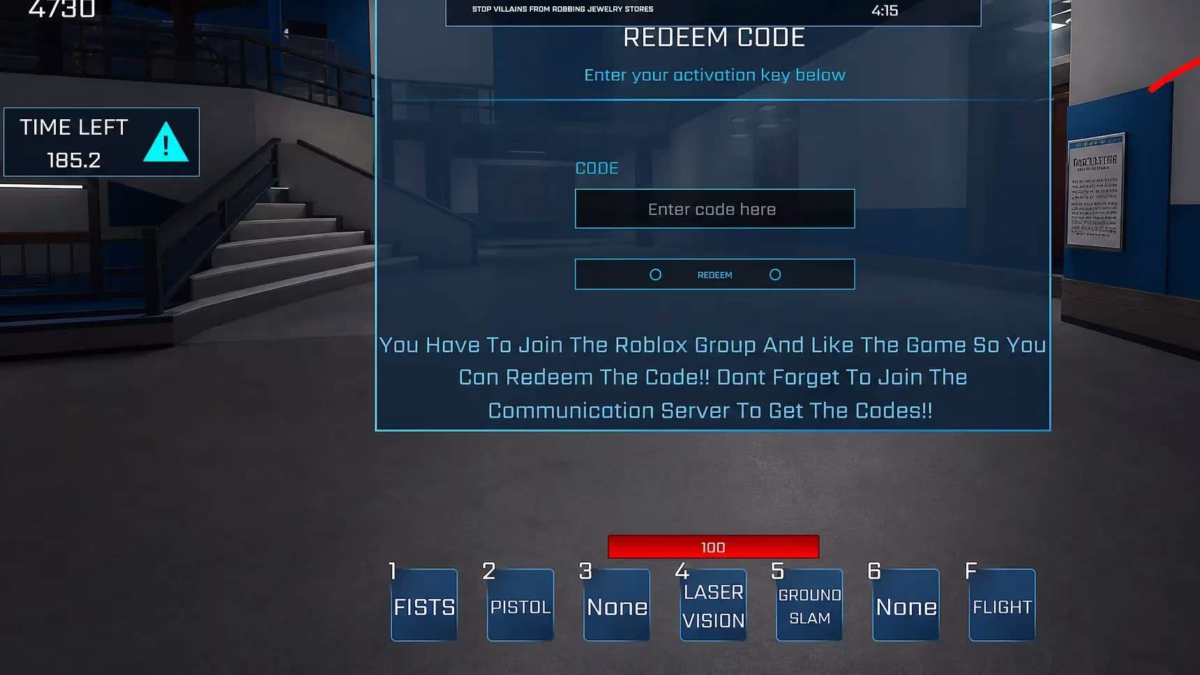Codes menu in Era of Supes showing the redeem box and Cash balance