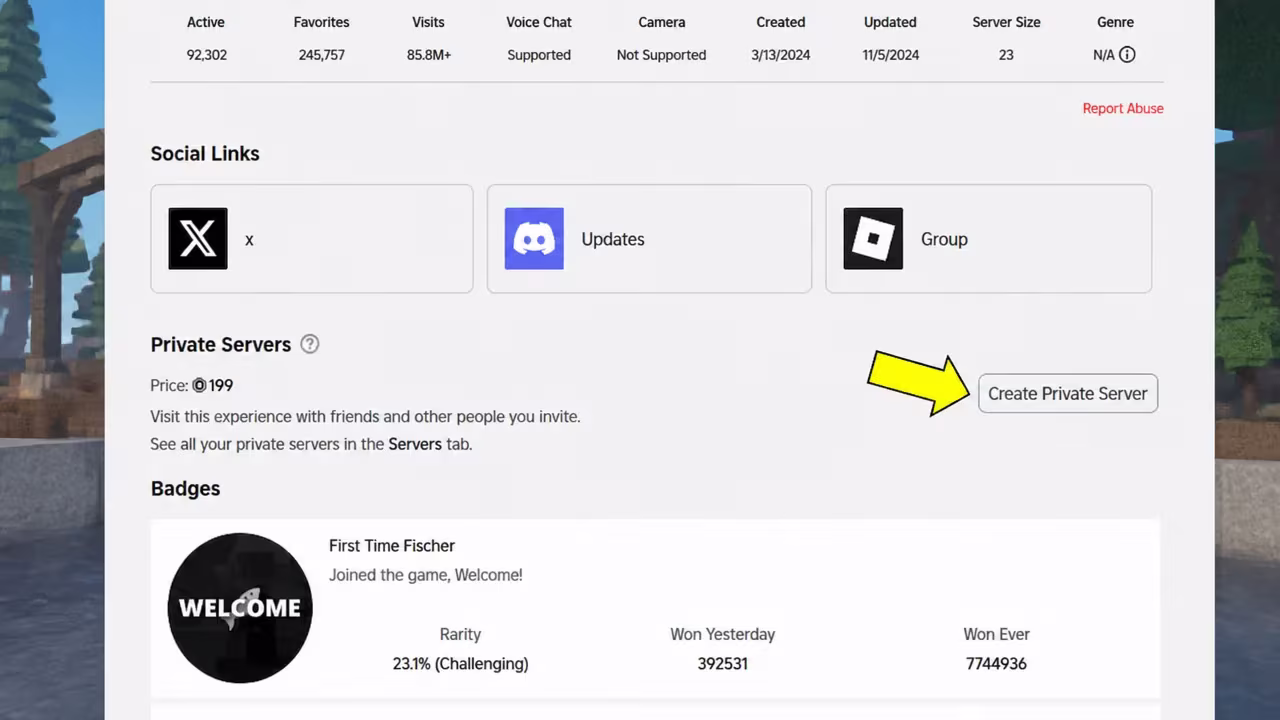 How to create a Fisch private server for 199 Robux monthly