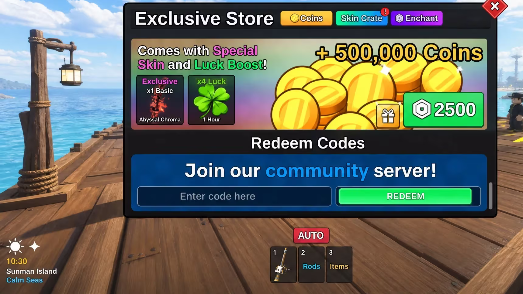 Fish It code entry box shown at the bottom of the in-game Shop panel