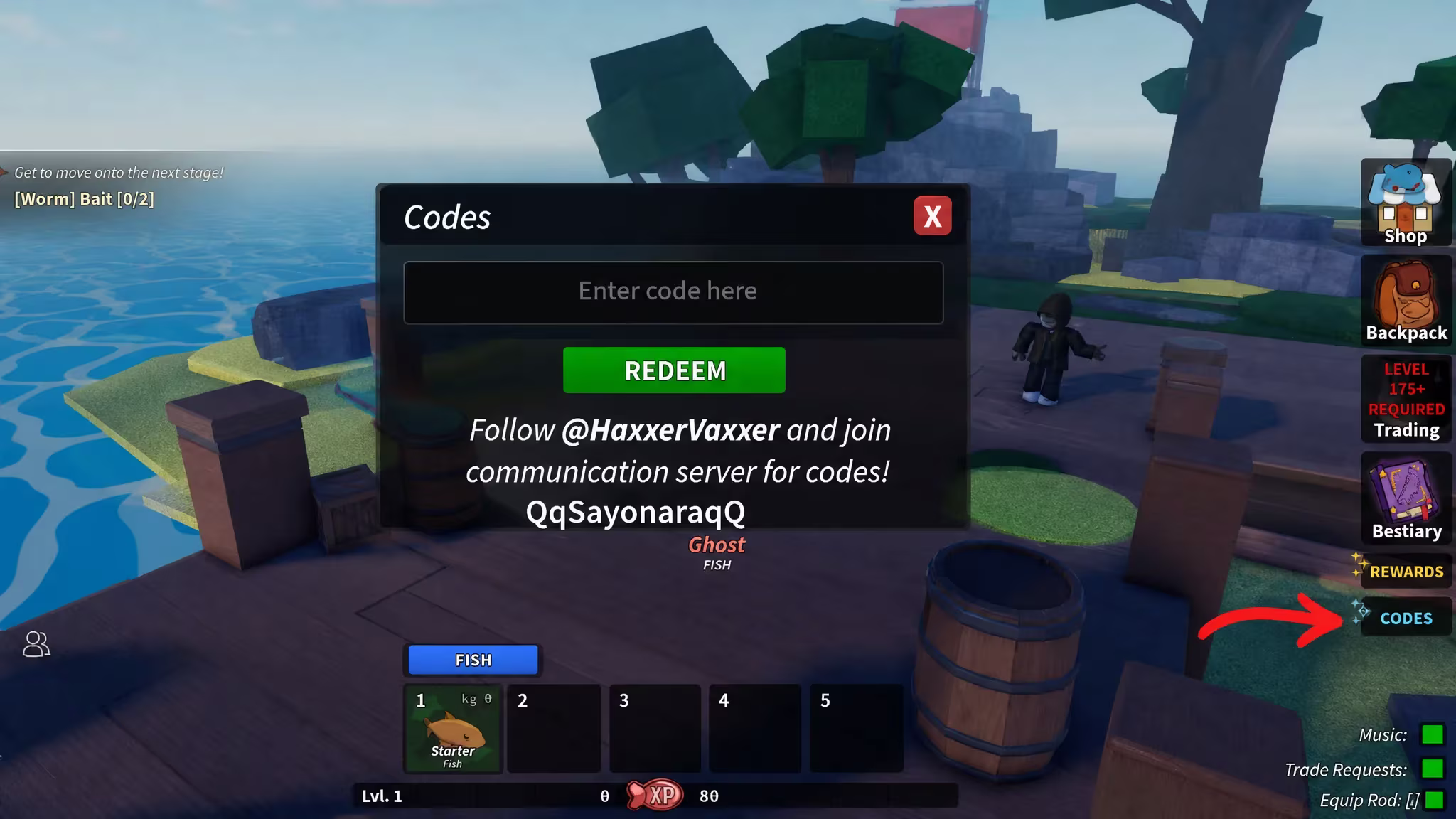 Code redemption box in Fishing Tower Defense with a code entered before pressing Redeem