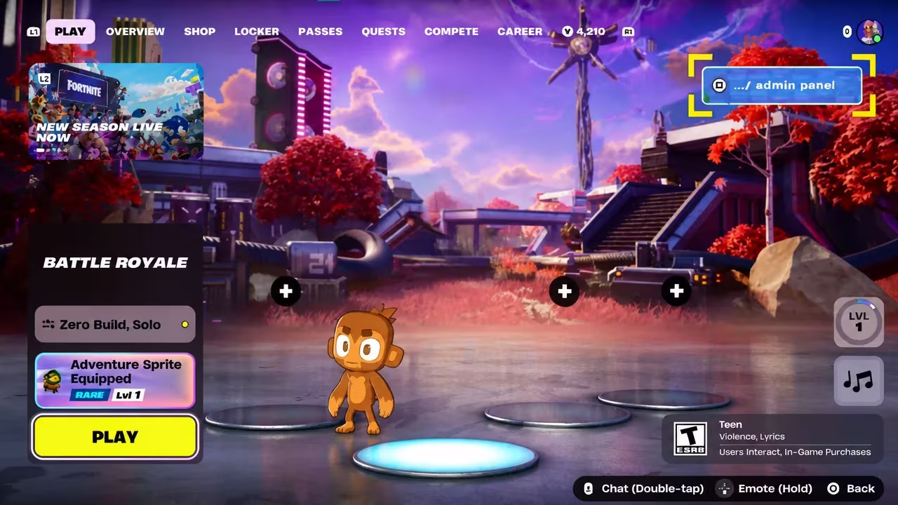 Fortnite lobby screen with the admin panel button highlighted on the right side