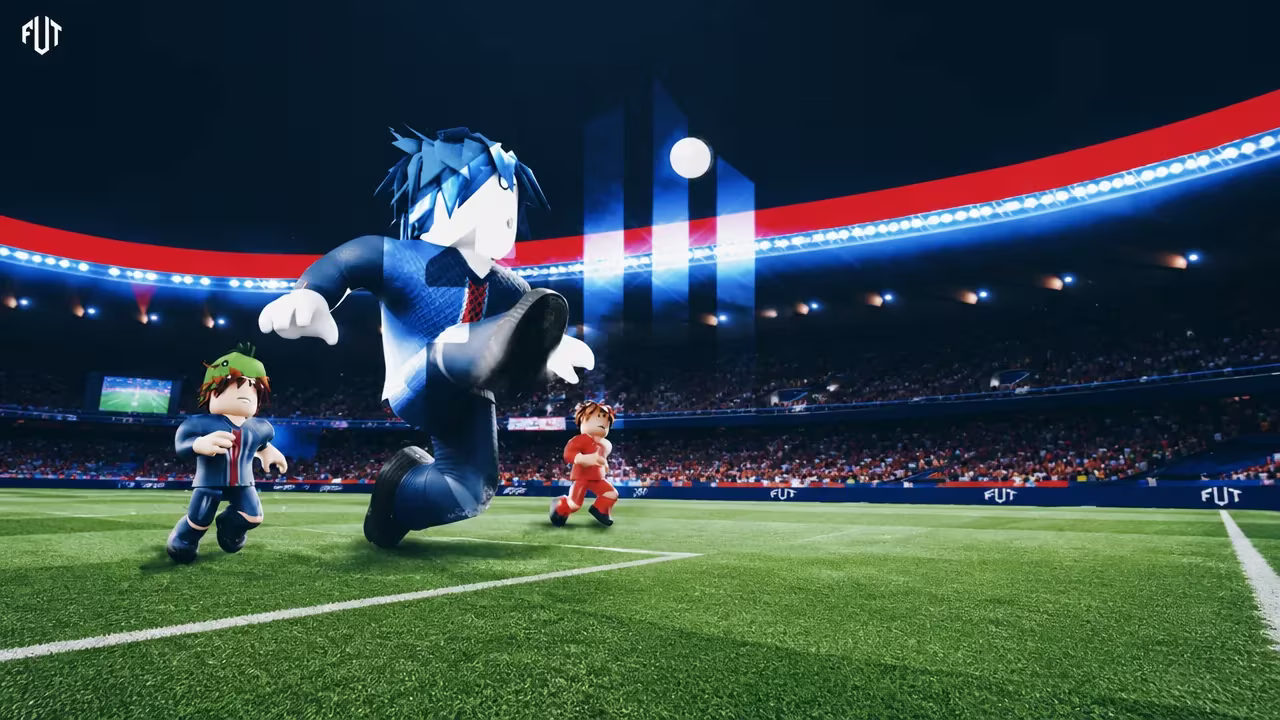 Promotional artwork for the Roblox football game FUT showing its Pre-Alpha branding