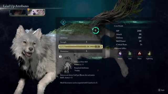Character stats menu displays attributes, bonuses, and skill tree nodes